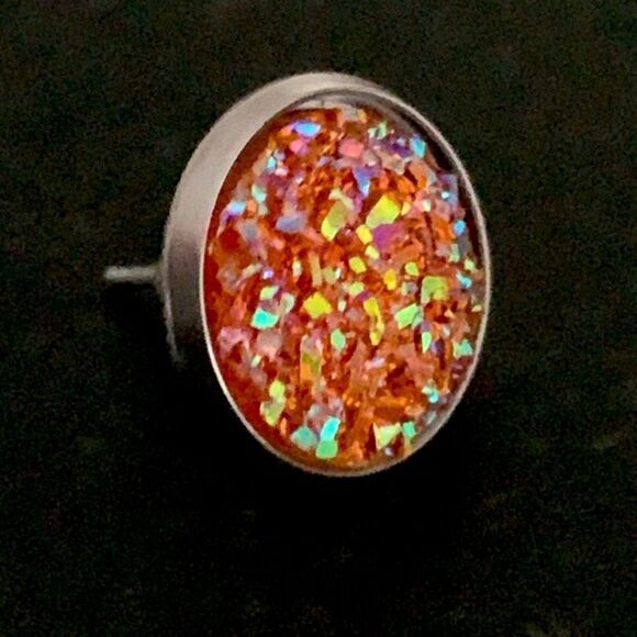 Orange Crushed Crystal Prism Studs, Faux Druzy Quartz Sparkly Glitter Earrings - Picture 5 of 11